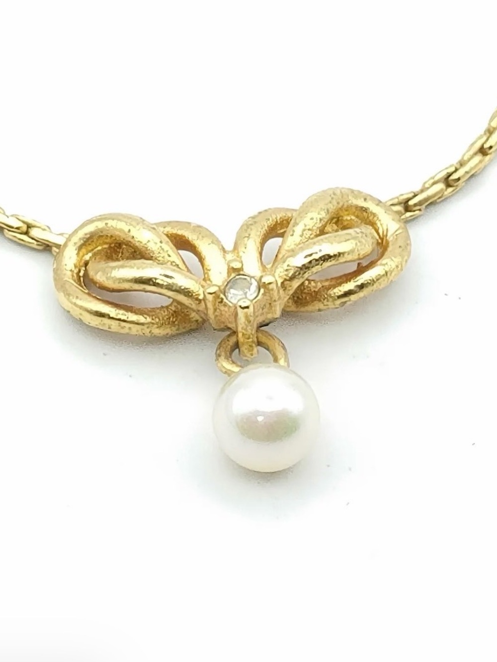 Dior Gold Bow Necklace with White Pearl Drop